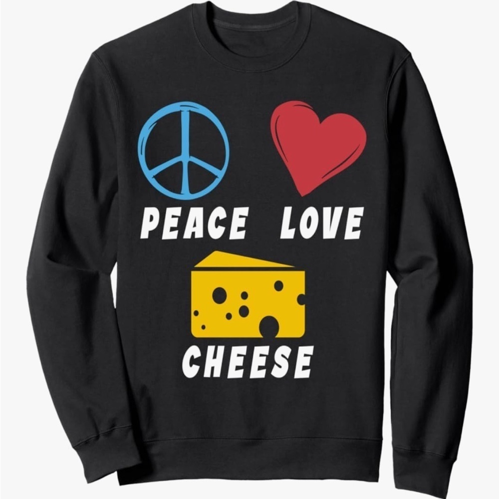 Black Peace Love Cheese Black Sweatshirt
Perfect for Wisconsin cheese lovers